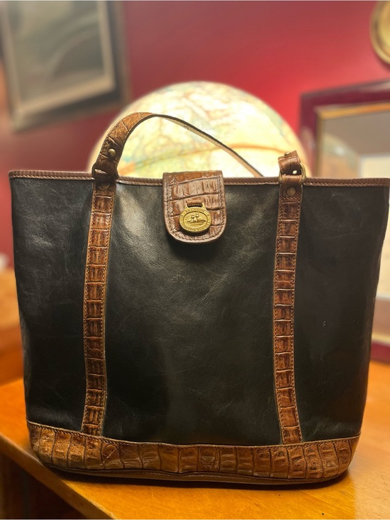 Brahmin Handbags - Vintage BRAHMIN Tuscan Leather Tote Black with Brown Crocodile-Embossed Trim
